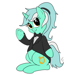 Size: 1500x1500 | Tagged: safe, artist:silver1kunai, lyra heartstrings, alternate hairstyle, bow, clothes, cute, frock coat, looking at you, ponytail, sitting, smiling, solo, tuxedo, underhoof, waving