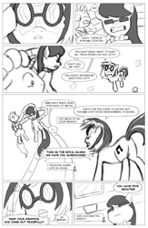 Size: 962x1474 | Tagged: safe, artist:amaraburrger, dj pon-3, octavia melody, vinyl scratch, earth pony, pony, comic, crossover, cyclops (marvel comics), doctor octavia, doctor octopus, monochrome, sonata du octave, spider-man, vyclops, x-men