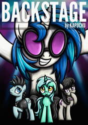 Size: 1240x1754 | Tagged: safe, artist:rambopvp, dj pon-3, lyra heartstrings, neon lights, octavia melody, rising star, vinyl scratch, earth pony, pony, backstage, cover art, fanfic, fanfic art