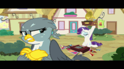 Size: 1360x768 | Tagged: safe, screencap, gabby, rarity, griffon, pony, unicorn, dragon dropped, angry, black bars, ponyville, say anything, wrong aspect ratio