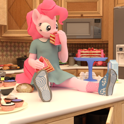 Size: 2000x2000 | Tagged: safe, artist:tahublade7, pinkie pie, anthro, plantigrade anthro, 3d, cake, clothes, cupcake, cute, diapinkes, dress, eating, female, filly, filly pinkie pie, food, high res, kitchen, microwave, milk, panties, shoes, skirt, sneakers, socks, solo, table, underwear, upskirt, younger