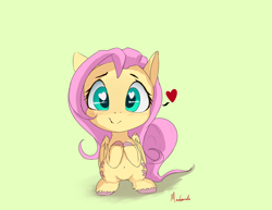 Size: 1400x1080 | Tagged: safe, artist:miokomata, fluttershy, pegasus, pony, chibi, cute, cute little fangs, fangs, female, green background, heart, heart eyes, hnnng, looking at you, mare, shyabetes, signature, simple background, smiling, solo, wingding eyes