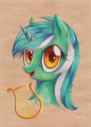 Size: 2452x3428 | Tagged: safe, artist:0okami-0ni, lyra heartstrings, pony, unicorn, bust, looking at you, lyre, musical instrument, portrait, smiling, solo, traditional art