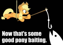 Size: 798x577 | Tagged: safe, applejack, earth pony, pony, applejack's "day" off, bait, fishing rod, meme, reaction image, this is bait