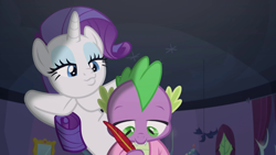 Size: 1920x1080 | Tagged: safe, screencap, rarity, spike, dragon, pony, unicorn, dragon dropped, bedroom, head down, hoof under chin, looking at someone, oblivious, puckered lips, winged spike, writing