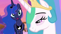 Size: 1024x576 | Tagged: safe, screencap, princess celestia, princess luna, alicorn, pony, a royal problem, bags under eyes, cropped, duo, female, mare, royal sisters, smiling, sunrise, tired