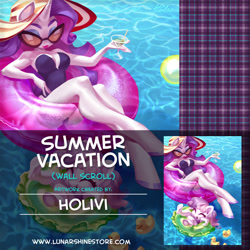 Size: 876x876 | Tagged: safe, artist:holivi, rarity, sweetie belle, anthro, advertisement, armpits, clothes, obtrusive watermark, sunglasses, swimming pool, swimsuit, watermark