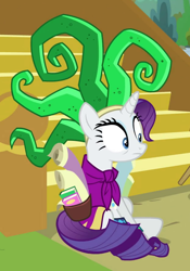 Size: 624x893 | Tagged: safe, screencap, mane-iac, rarity, pony, unicorn, dragon dropped, clothes, cosplay, costume, cropped, female, sitting, solo