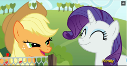 Size: 1048x546 | Tagged: safe, screencap, applejack, rarity, earth pony, pony, unicorn, applejack's "day" off, discovery family logo, faic, sweet apple acres