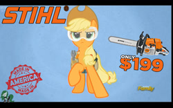 Size: 1280x800 | Tagged: safe, screencap, applejack, earth pony, pony, applejack's "day" off, bronystate, chainsaw, discovery family logo, goggles, parody, stihl, toolbelt, tools