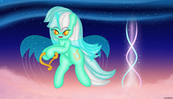 Size: 4000x2300 | Tagged: safe, artist:jcace, lyra heartstrings, pony, unicorn, female, green coat, horn, mare, solo, two toned mane