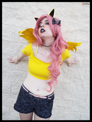 Size: 3456x4608 | Tagged: safe, artist:krazykari, fluttershy, human, absurd resolution, belly button, bra strap, clothes, cosplay, costume, emoshy, fishnet stockings, high res, irl, irl human, midriff, photo, short shirt, shorts