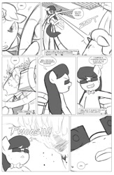 Size: 962x1474 | Tagged: safe, artist:amaraburrger, octavia melody, earth pony, pony, comic, crossover, doctor octavia, doctor octopus, monochrome, sonata du octave, spider-man