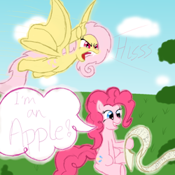 Size: 996x996 | Tagged: safe, artist:cybersquirrel, fluttershy, pinkie pie, bat pony, pony, flutterbat, race swap, speech bubble