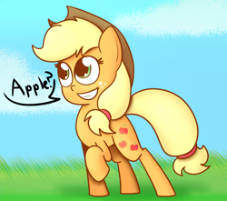 Size: 1368x1212 | Tagged: safe, artist:mr-degration, applejack, earth pony, pony, dialogue, raised hoof, solo, that pony sure does love apples