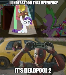 Size: 500x562 | Tagged: safe, edit, edited screencap, screencap, rarity, spike, dragon, pony, unicorn, dragon dropped, deadpool, deadpool 2, female, i understood that reference, male, mare, meme, op is wrong, say anything, text, winged spike