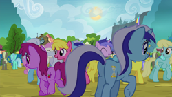 Size: 1920x1080 | Tagged: safe, screencap, amethyst star, berry punch, berryshine, cherry berry, coco crusoe, lemon hearts, linky, lyra heartstrings, minuette, oakey doke, sassaflash, sea swirl, seafoam, shoeshine, sparkler, twinkleshine, earth pony, pegasus, pony, unicorn, trade ya, background pony, clone, clones, crowd, female, male, mare, plot, stallion