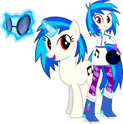 Size: 3605x3640 | Tagged: safe, artist:vector-brony, dj pon-3, vinyl scratch, pony, unicorn, equestria girls, female, glowing horn, hooves, horn, human ponidox, levitation, magic, mare, open mouth, record, simple background, smiling, solo, square crossover, sunglasses, teeth, telekinesis, transparent background, vector