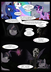 Size: 4961x7016 | Tagged: safe, artist:theravencriss, princess celestia, princess luna, twilight sparkle, twilight sparkle (alicorn), oc, oc:fallenlight, alicorn, pony, comic:curse and madness, absurd resolution, amulet, angry, armor, blast, clenched teeth, cloak, clothes, cloths, comic, crown, defeated, fangs, flashback, gauntlet, grimace, helmet, hiding in plain sight, hooded cape, magic, magic beam, magic blast, mlpcam, peytral, regalia, shoes, smiling, smirk, text, text bubbles