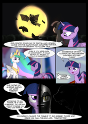 Size: 1024x1448 | Tagged: safe, artist:theravencriss, princess celestia, princess luna, twilight sparkle, twilight sparkle (alicorn), oc, oc:fallenlight, alicorn, pony, comic:curse and madness, armor, bat wings, canterlot, canterlot castle, comic, cultist, fangs, flashback, flying, forest, helmet, membranous wings, mlpcam, peytral, portal, slit eyes, text, text bubbles, tree