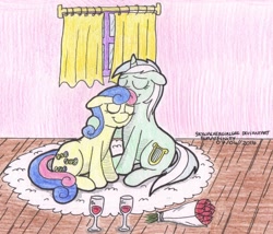 Size: 1024x878 | Tagged: safe, artist:skywalkergirl666, bon bon, lyra heartstrings, sweetie drops, female, lesbian, lyrabon, shipping, traditional art