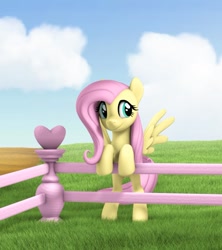 Size: 822x925 | Tagged: artist needed, source needed, useless source url, safe, fluttershy, pegasus, pony, 3d, bipedal, bipedal leaning, fence, leaning, smiling, solo