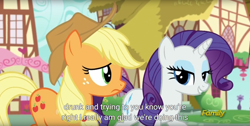 Size: 1920x970 | Tagged: safe, screencap, applejack, rarity, earth pony, pony, unicorn, applejack's "day" off, discovery family logo, drunk, meme, youtube caption