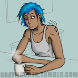 Size: 900x900 | Tagged: safe, artist:braymounth, dj pon-3, vinyl scratch, human, coffee, humanized, solo, tired