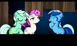 Size: 800x480 | Tagged: safe, artist:marcusmaximus, lyra heartstrings, minuette, twinkleshine, eyes closed, frown, glare, grin, laughing, minty fresh adventure, open mouth, pony platforming project, smiling, unamused