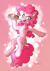 Size: 1725x2431 | Tagged: safe, artist:lavendersweet69, pinkie pie, pony, cupcake, food, hoof hold, solo, tray