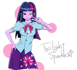 Size: 2554x2324 | Tagged: safe, artist:esukaba, derpibooru import, twilight sparkle, equestria girls, peace sign, pixiv, solo