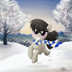 Size: 2000x2000 | Tagged: safe, artist:muffinexplosion, octavia melody, earth pony, pony, clothes, cute, scarf, snow, solo, tavibetes, winter