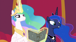 Size: 1920x1080 | Tagged: safe, screencap, princess celestia, princess luna, alicorn, pony, shadow play, book, canterlot, cute, ethereal mane, female, magic, mare, royal sisters, sisters, smiling, starry mane, starswirl's book, telekinesis, throne room