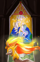 Size: 778x1200 | Tagged: safe, artist:bluecrow, part of a set, daybreaker, princess celestia, alicorn, pony, armor, clothes, dress, duality, eyes closed, female, fire, jewelry, mare, rearing, regalia, stained glass