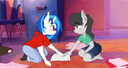 Size: 1096x584 | Tagged: safe, artist:perfect-sloth, dj pon-3, octavia melody, vinyl scratch, anthro, a goofy movie, clothes, crossover, disney, female, lesbian, max goof, roxanne, scratchtavia, shipping