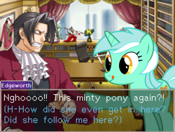 Size: 800x600 | Tagged: safe, lyra heartstrings, ace attorney, crossover, miles edgeworth, that pony sure does love humans