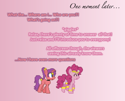 Size: 504x408 | Tagged: safe, artist:verve, pinkie pie, oc, oc:dream dancer, earth pony, pony, unicorn, ain't never had friends like us, armband, collar, genie, gradient background, headband, leg brace, ponytail, shantae, shantae (character), tail wrap, tumblr, veil