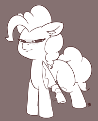 Size: 1280x1586 | Tagged: safe, artist:pabbley, pinkie pie, pony, knife, knife cat, meme, monochrome, offscreen character, ponified animal photo, simple background, solo, squint