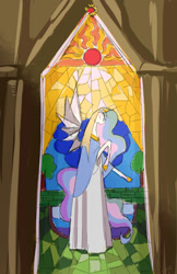 Size: 778x1200 | Tagged: safe, artist:bluecrow, part of a set, princess celestia, alicorn, pony, bipedal, clothes, dress, eyes closed, female, jewelry, mare, rearing, regalia, solo, stained glass