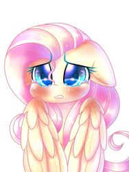 Size: 1536x2048 | Tagged: safe, artist:silviasilvar, fluttershy, pegasus, pony, bust, colored pupils, crying, cute, female, floppy ears, mare, portrait, sad, sadorable, shyabetes, simple background, solo, teary eyes