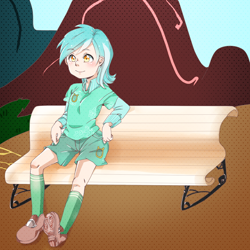 Size: 1200x1200 | Tagged: safe, artist:tapioka-kun, lyra heartstrings, human, bench, blushing, cutie mark on clothes, humanized, pixiv, smiling, solo