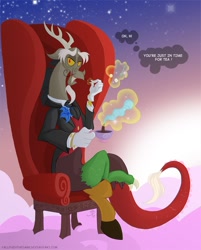 Size: 1000x1245 | Tagged: safe, artist:falleninthedark, discord, draconequus, chair, classy, lidded eyes, male, sitting, sofa, solo, tea