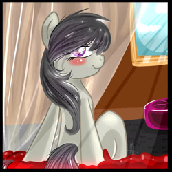 Size: 2449x2449 | Tagged: safe, artist:xwhitedreamsx, octavia melody, earth pony, pony, bed, bed mane, blushing, female, looking at you, looking back, looking back at you, mare, morning ponies, smiling, solo