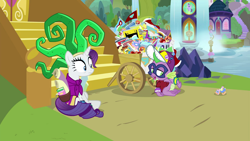 Size: 1920x1080 | Tagged: safe, screencap, humdrum, mane-iac, rarity, spike, dragon, pony, unicorn, dragon dropped, clothes, cosplay, costume, power ponies, winged spike