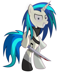 Size: 6800x8200 | Tagged: safe, artist:radiationalpha, dj pon-3, vinyl scratch, pony, semi-anthro, unicorn, absurd resolution, bipedal, blood, female, hooves, horn, imminent death, insanity, looking at you, machete, mare, simple background, smi, solo, teeth, transparent background, vector