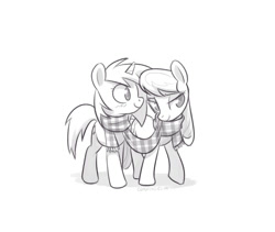 Size: 700x592 | Tagged: safe, artist:naroclie, dj pon-3, octavia melody, vinyl scratch, earth pony, pony, clothes, female, lesbian, monochrome, scarf, scratchtavia, shared clothing, shared scarf, shipping