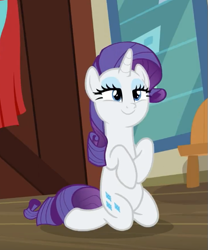 Size: 511x614 | Tagged: safe, screencap, rarity, pony, semi-anthro, unicorn, dragon dropped, cropped, cute, female, kneeling, lidded eyes, mare, narrowed eyes, raribetes, smiling, smirk, solo