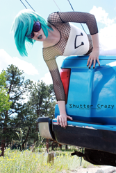 Size: 600x900 | Tagged: safe, artist:shutter-crazy, dj pon-3, vinyl scratch, human, car, cosplay, fishnet stockings, irl, irl human, lipstick, nail polish, photo, solo, sunglasses