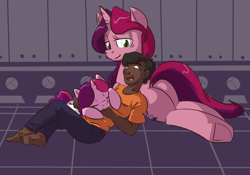 Size: 1000x700 | Tagged: safe, artist:goat train, oc, oc only, oc:anon, oc:gloomy, oc:marker pony, human, pony, unicorn, barefoot, butt pillow, dock, eyes closed, feet, female, filly, human male, male, mare, open mouth, pile, pony pillow, underhoof