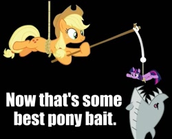 Size: 741x600 | Tagged: safe, applejack, twilight sparkle, twilight sparkle (alicorn), alicorn, earth pony, pony, shark, applejack's "day" off, bait, best pony, fishing rod, jumpy the shark, meme, reaction image, this is bait